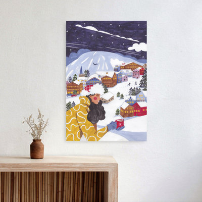 Winter Scene Woman With Coffee Christmas Tranquil Abstract Contemporary Landscape Mountain Wall Art Print 1 Piece Wrapped Canvas Wall Art