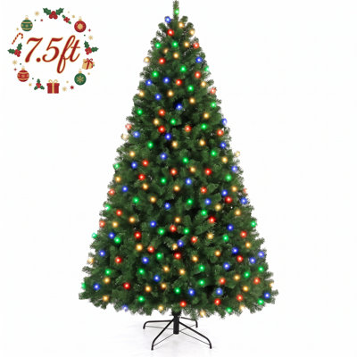 7.5 ft Pre-Lit Artificial Christmas Tree with Multicolor LED Lights, Hinged Branches & Metal Stand, Easy Assembly