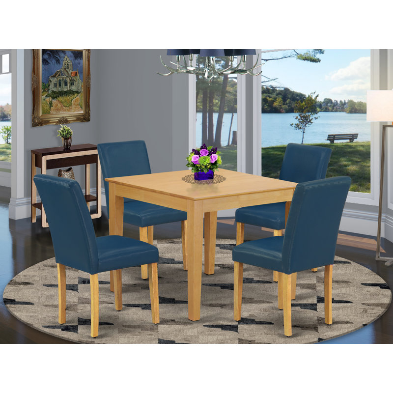 5 Piece Modern Dining Table Set Includes a Square Wooden Table and 4 Oasis Blue Faux Leather Upholstered Chairs, Oak, Oak, 5