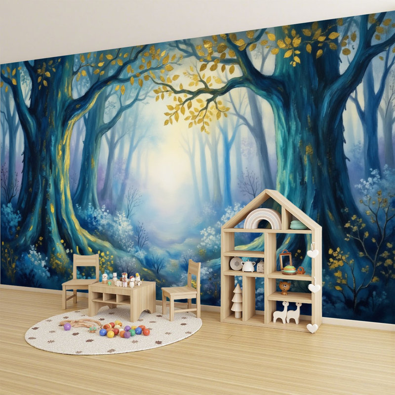 Papier peint adhésif pelez et collez, forêt, paysage, or bleu mystique, lumière magique, art mural fantaisiste, auto-adhésif et amovible