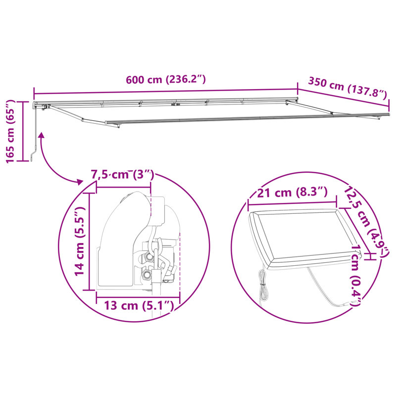 Brayden Studio Retractable Patio Awning, 600 cm W x 350 cm D, Black