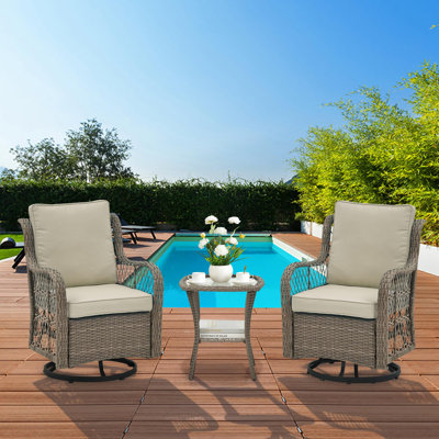 3 Piece Outdoor Patio Set, Wicker Rocking Bistro Set with 2 Swivel Chairs & Tempered Glass Top Table, Rattan Outdoor Furniture with Cushions for Patio