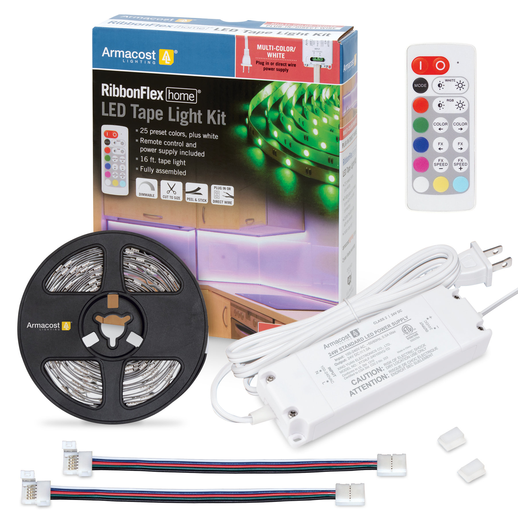 Armacost Lighting RibbonFlex Home 24V RGB+W Hardwire LED Strip Light Kit, Multicolor, 16 ft (423511)