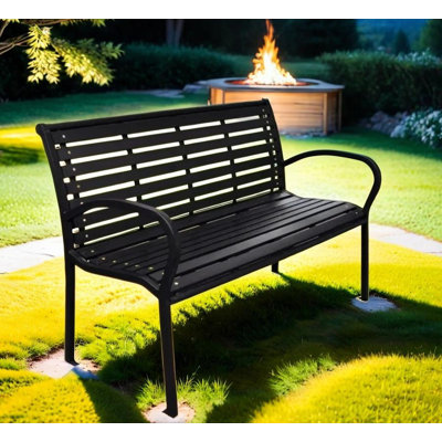 Outdoor WPC Backrest Bench, Weatherproof Metal Patio Chair for Garden, Park & Yard, Black