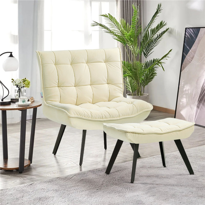 Bayaud Velvet Accent Chair with Footstool, Beige