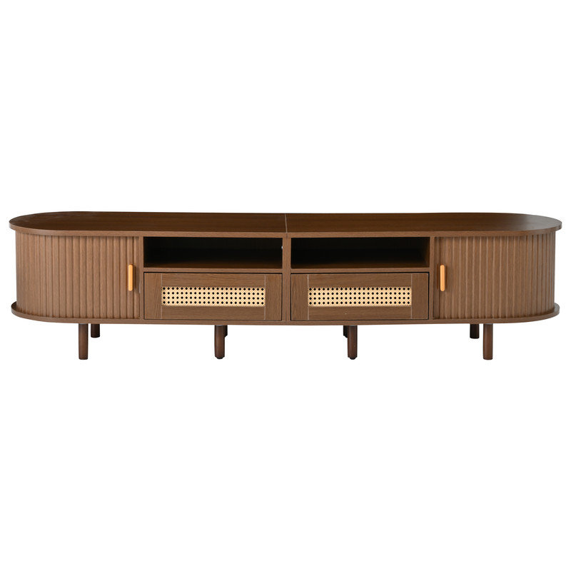 Oval TV Cabinet, Stylish Storage Sideboard with 2 Rattan Drawers & Sliding Doors for Modern Living Rooms