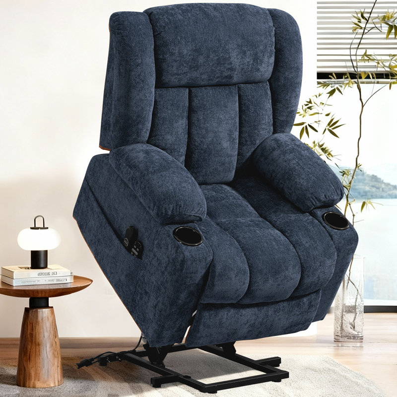 Power Lift Zero Gravity Recliner With Massage Heat Cup Holders  Side Pocket and USB Port, Chenille, Blue