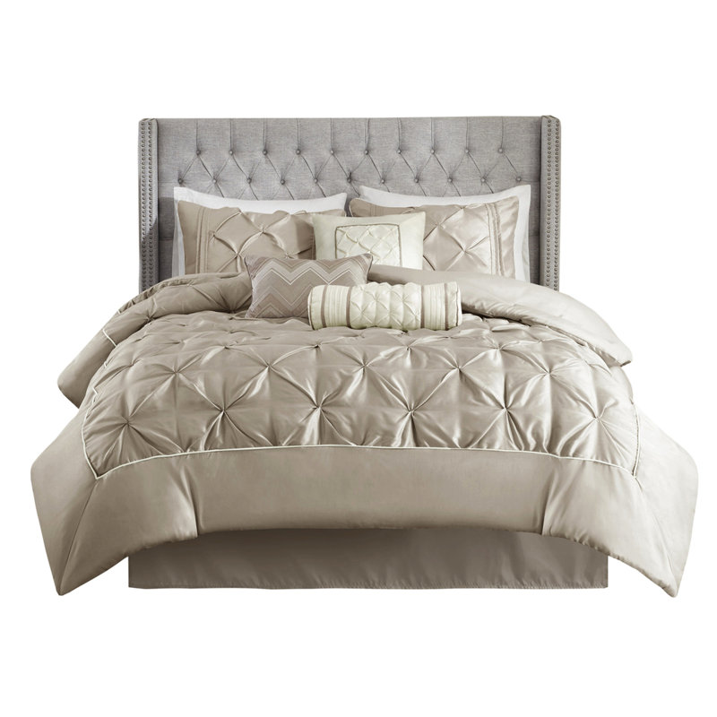 Édredon 7 pièces très grand taupe - magnifique broderie 1 édredon, 2 taies décoratives, 3 coussins, jupe de lit plissée - rembourrage d'apparence élégante inclus lavable