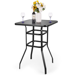 Table de bar d'extérieur de 31,5 po de hauteur carrée avec plateau en verre trempé, table de salle à manger toutes saisons pour le jardin, la piscine, la cour arrière, la terrasse