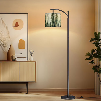 Arc Floor Lamp with Adjustable Lampshade Misty Forest Tall Pine Trees Watercolor Style Standing Lamp 3 Color Temperatures Dimmable Tall Pole Lamp with Foot Switch for Bedroom