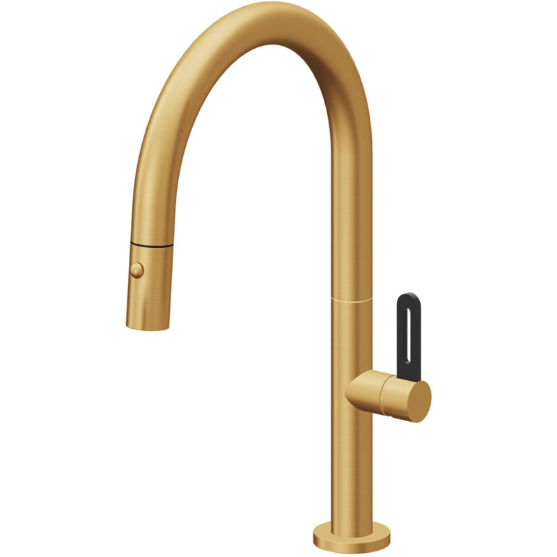 Pull-Down Kitchen Faucet With Button Sprayer - Low Arc Spout, Lifetime Satin Gold, Black Flat Blade