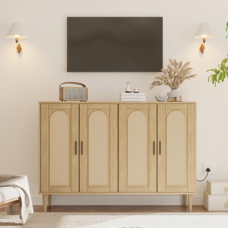 Buffet 48 po en rotin avec 4 portes, tablettes réglables, prise de courant intégrée, console polyvalente pour la cuisine, la salle à manger et le salon