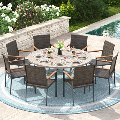 8-Person Outdoor Dining Set With 60" Round Dining Table And 8 Stackable Rattan Chairs