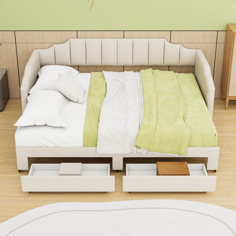 Twin XL Extendable Upholstered Daybed with Trundle, LED Light and Storage Drawers, Beige