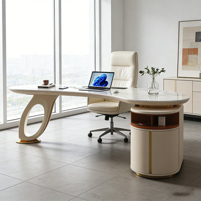 Bureau courbé en pierre frittée Designer | Bureau d'ordinateur moderne avec rangement intégré