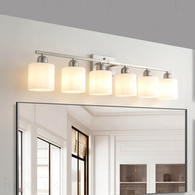 Éclairage pour meuble-lavabo 52 po - métal noir mat 8 lumières, abat-jour en verre givré blanc, applique murale moderne sur miroir