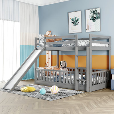 Lit superposé simple au-dessus d'un lit simple avec glissière et échelle, gris
