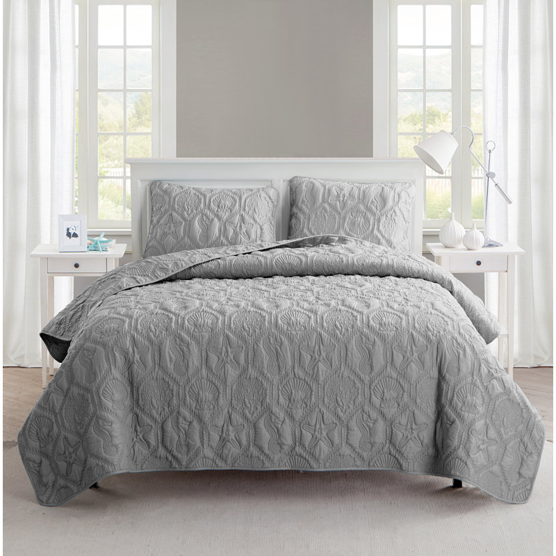 Gray King Reversible Microfiber Quilt Set with Embossed Design