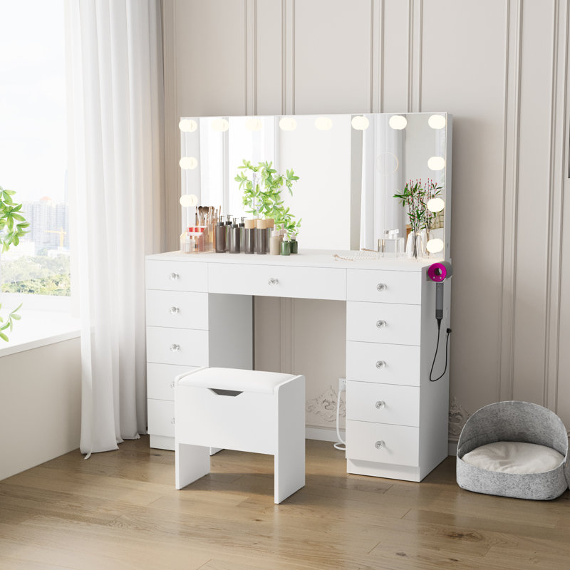 Coiffeuse Greyden avec 11 tiroirs, tabouret de rangement et ampoules, luminosité réglable, Blanc