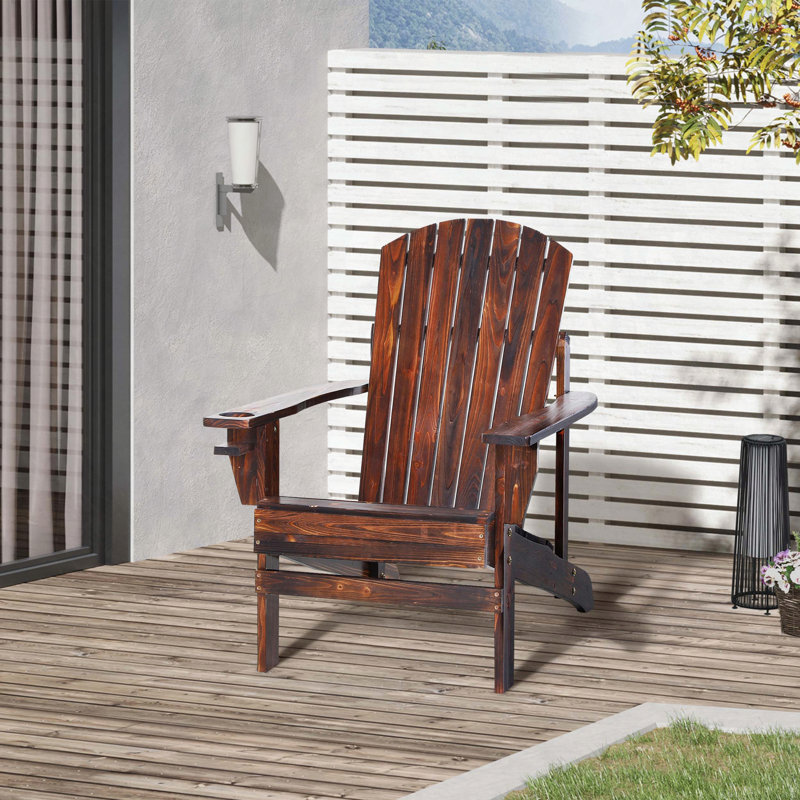 Outsunny Wooden Adirondack Chair with Cup Holder, Black Brown