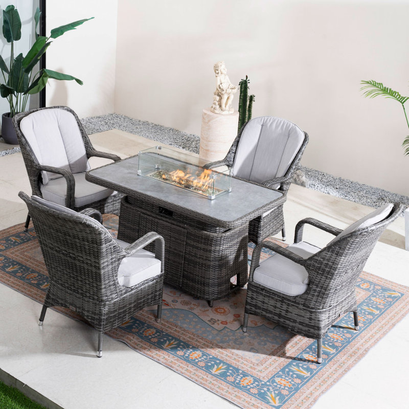 4 - Person Wicker Patio Dining Set with Rectangular Table, Grey, Light Grey