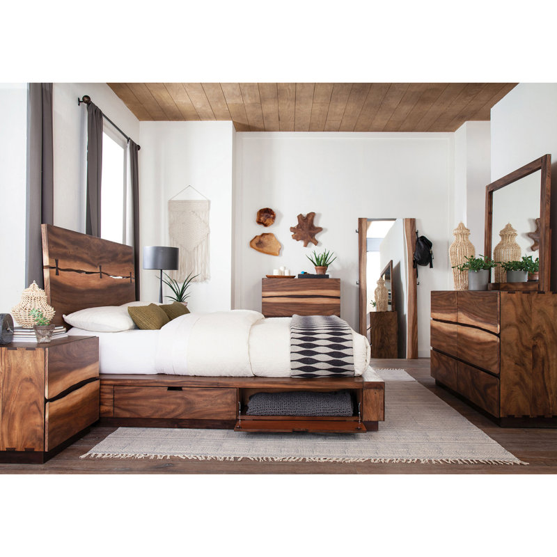 Lit king size 4 places pour chambre à coucher, bois principal aspect noyer, rangement avec sommier suspendu, table de chevet, commode, miroir - Sélection, finition, tête de lit design moderne, commode à bords naturels