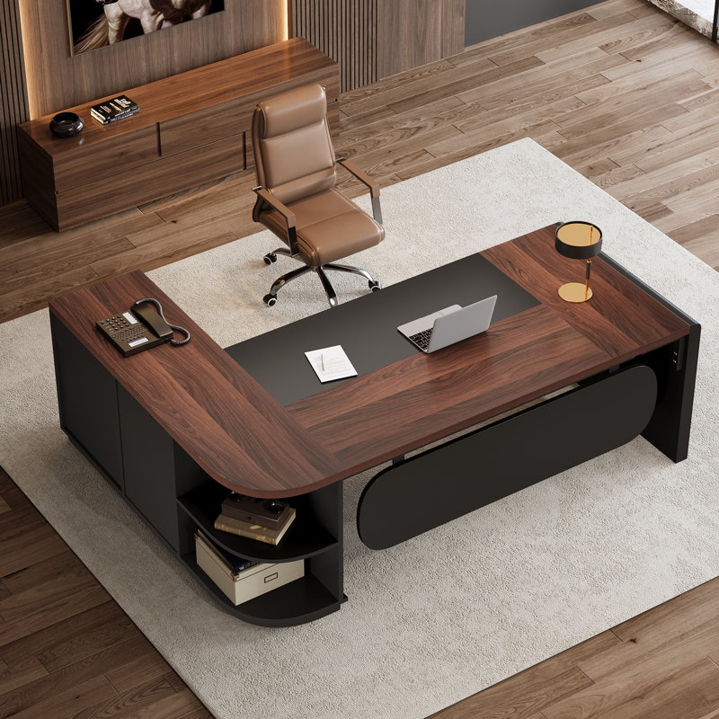 Bureau de direction en L, bureau de bureau moderne avec classeur en L, Marron foncé