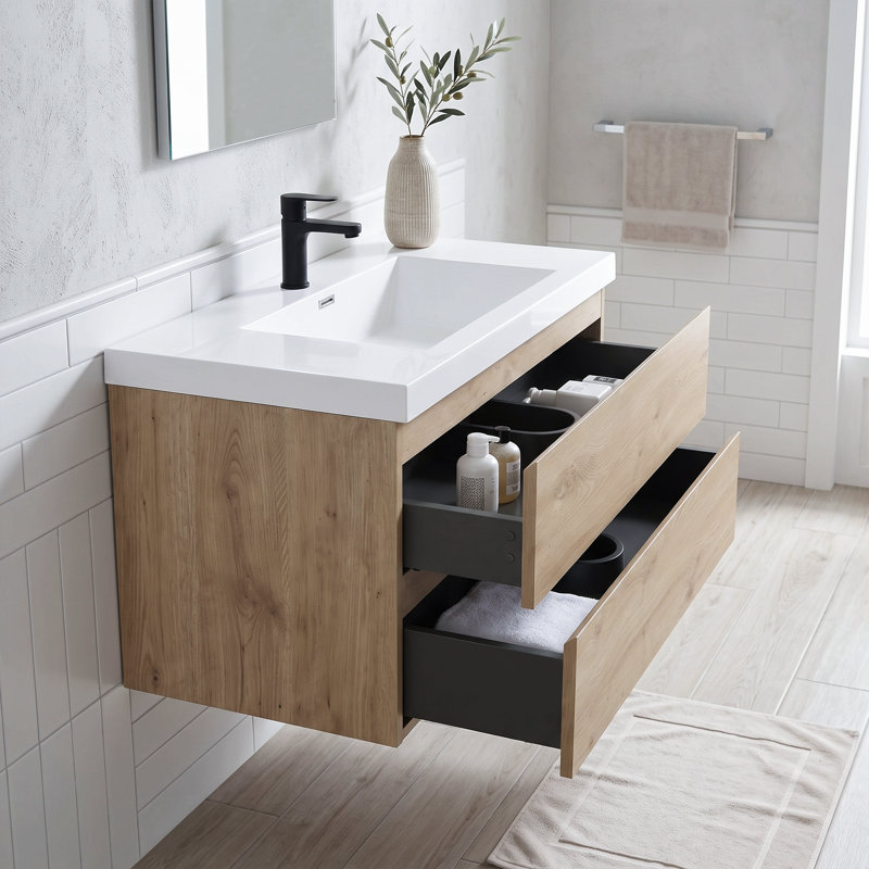 Meuble-lavabo suspendu de 91 cm (36 po) avec lavabo intégré en résine et carbonate de calcium, quincaillerie à fermeture amortie, découpes en forme de U, entièrement assemblé