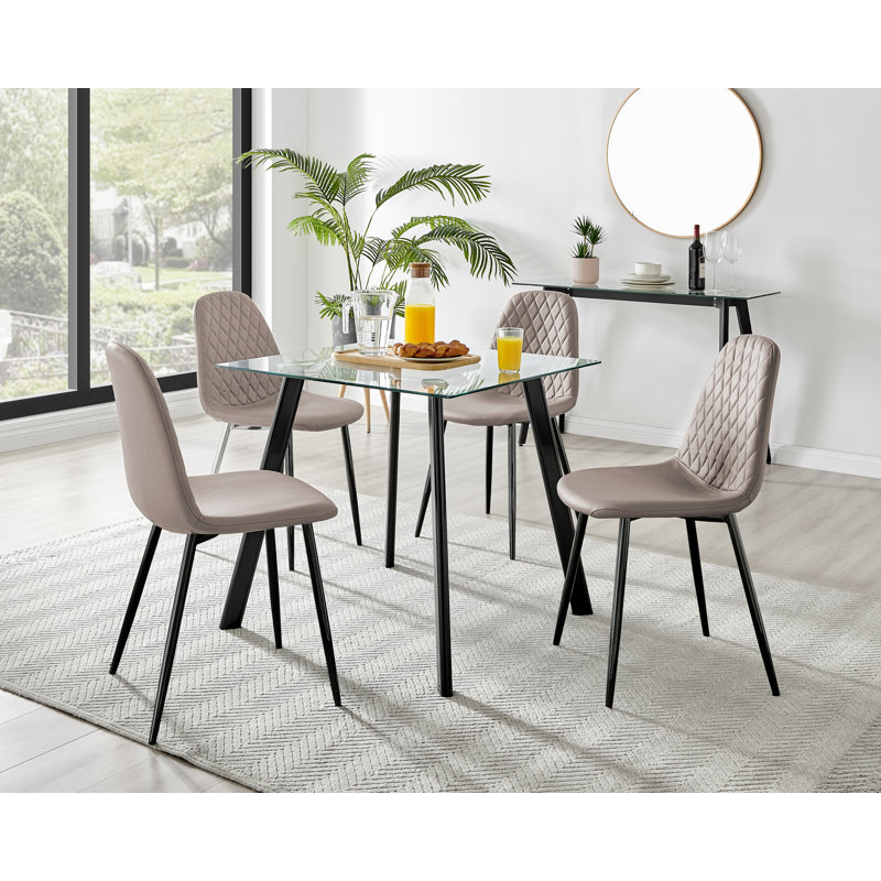 Scandinavian Style Glass and Metal Leg Square Dining Table Set - 4 Modern Faux Leather Dining Chairs, Brown/Black