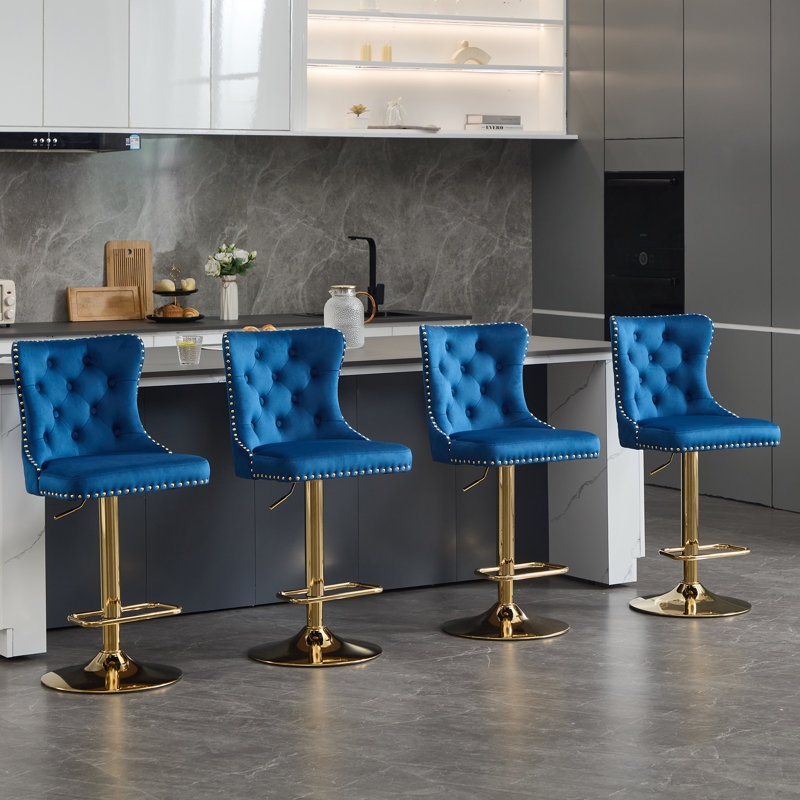 Swivel Adjustable Height Counter Stool With Metal Frame, Dark Blue, Gold