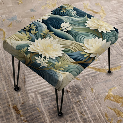 White And Blue Chrysanthemum Zen Tranquility - Floral Rectangle Ottoman