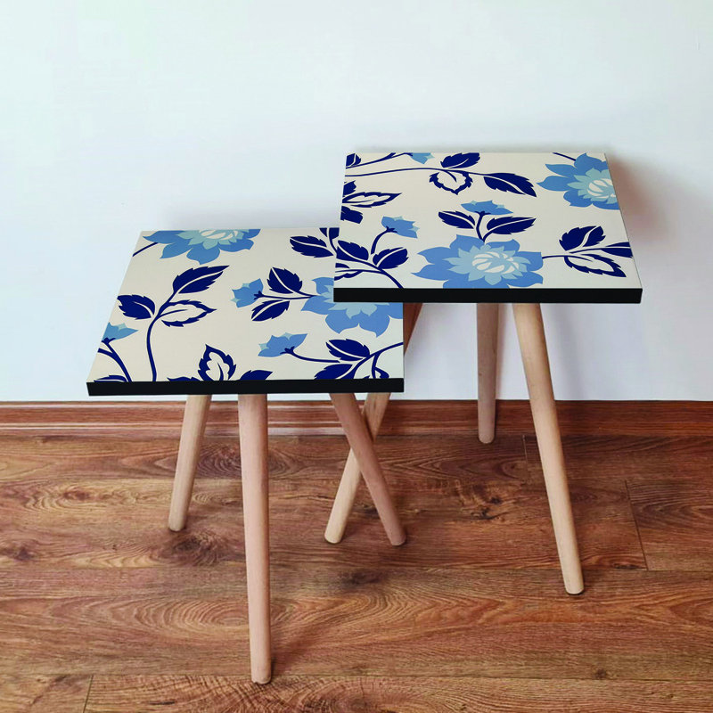 Modern Nesting Table Set (2 Pieces), Navy Blue & Beige, 13.8 x 18.5 x 13.8 in & 13.8 x 16.5 x 13.8 in | 100% MDF with Beech Wood Legs, Stylish & Functional Design for Living Room & Home Decor, Unique Flower Concept