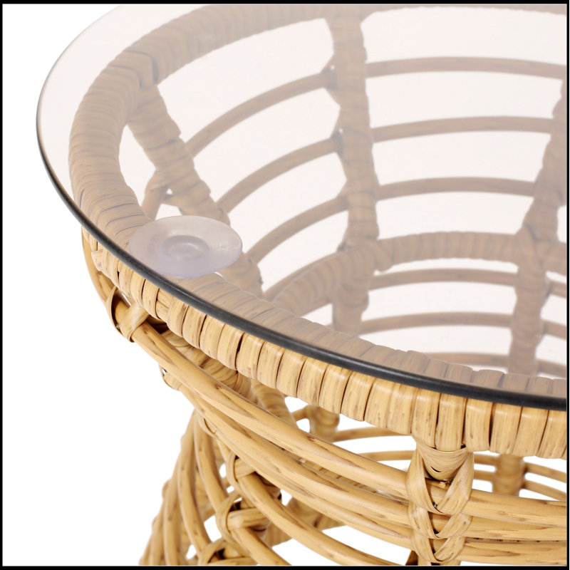 Table d'appoint charmante en osier avec plateau en verre trempé pour l'extérieur et décor bohème chic