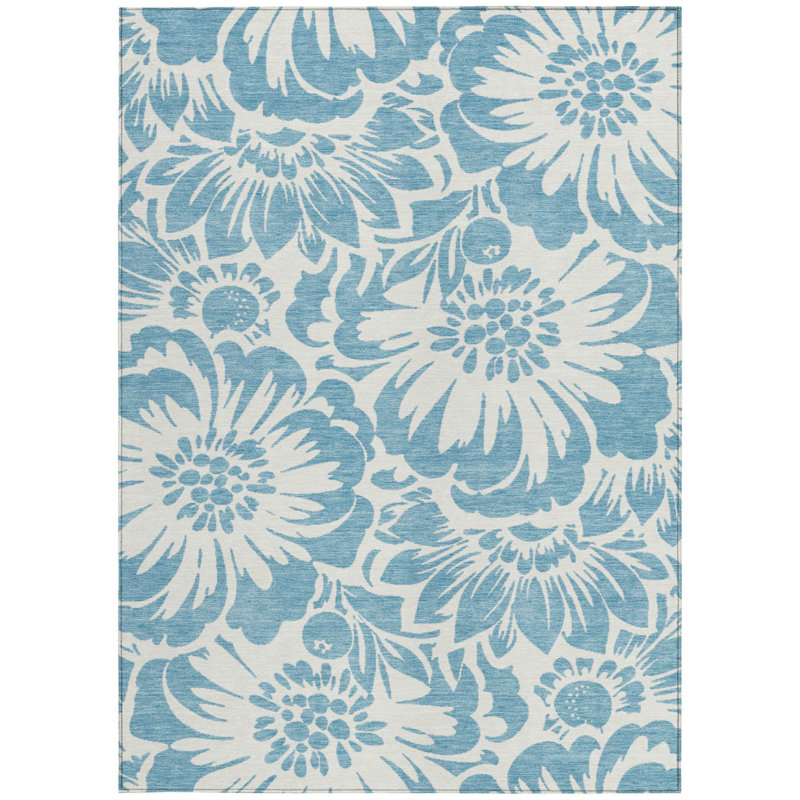 Tapis extérieur lavable antidérapant à motif floral denim et ivoire 3 pi x 5 pi