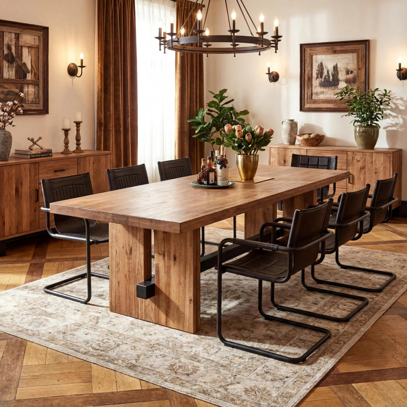 Table de salle à manger rustique rustique en bois massif avec pieds robustes et support en croix en métal