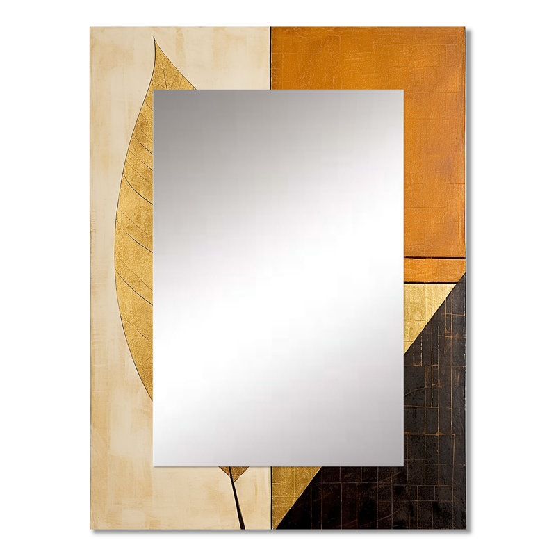 Golden Geometric Leaves Foliage III - feuilles, décor de miroir mural unique, grand miroir traditionnel, art imprimé en métal