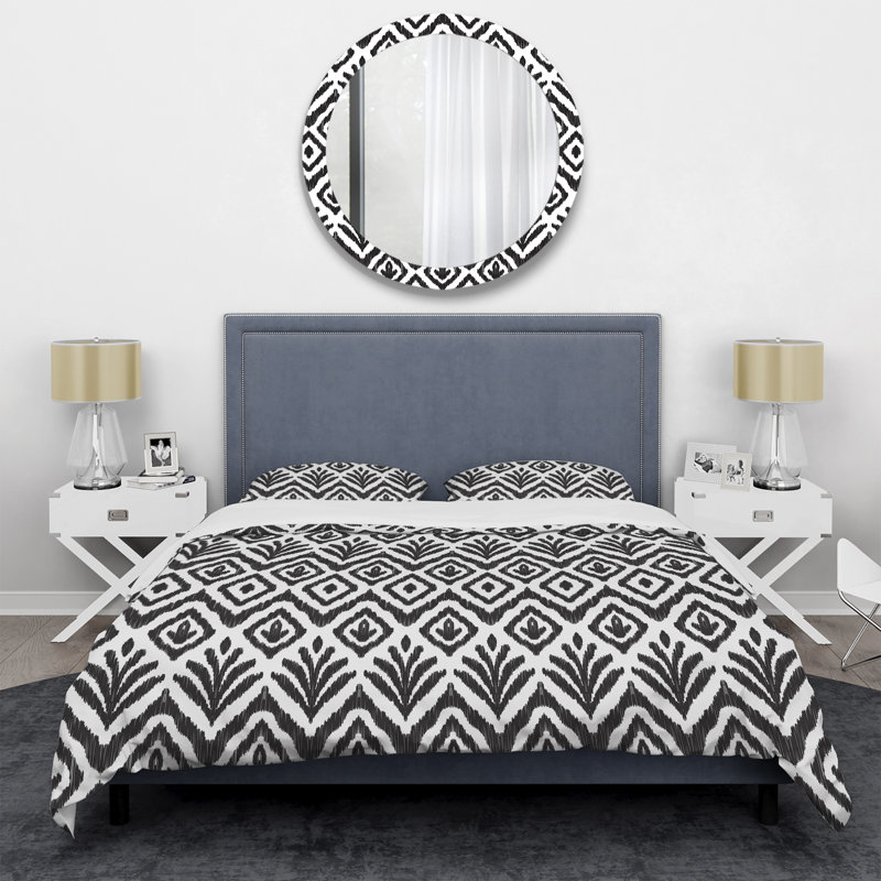Ikat Ogee blanc et gris - ensemble de housse de couette abstrait - microfibre de polyester