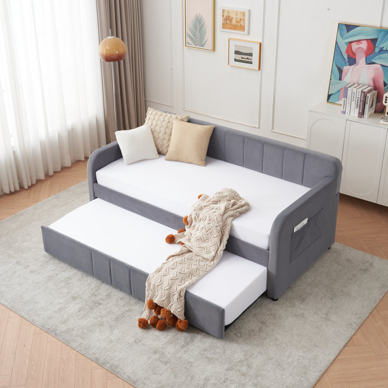 Structure de lit de jour simple rembourrée avec lit gigogne, canapé-lit simple pour chambre à coucher, soutien, lattes de bois, gris