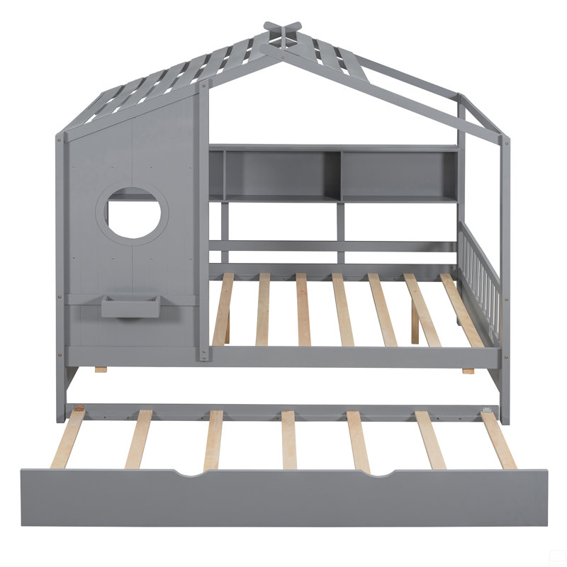 Lit double en bois avec lit gigogne et rangement, Gris