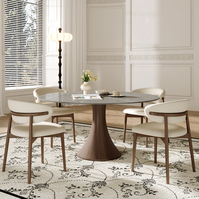 Stone Round Powley With 4/6 Premium Solid Wood Leather Upholstered Dining Chairs For Kitchen/Dining Room, Gray