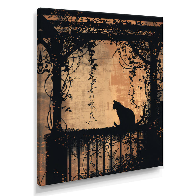 Chat noir sur porche fleuri - décoration murale chat, H 20 po x l 12 po x P 1 po, Toile tendue