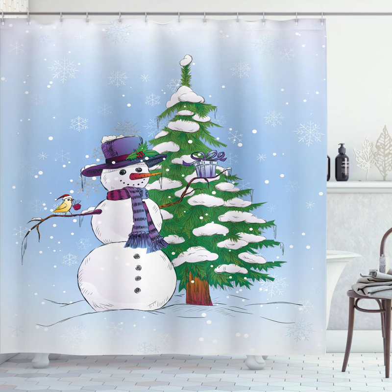 Rideau de douche simple noël bonhomme de neige et arbre, H 75 po x l 69 po