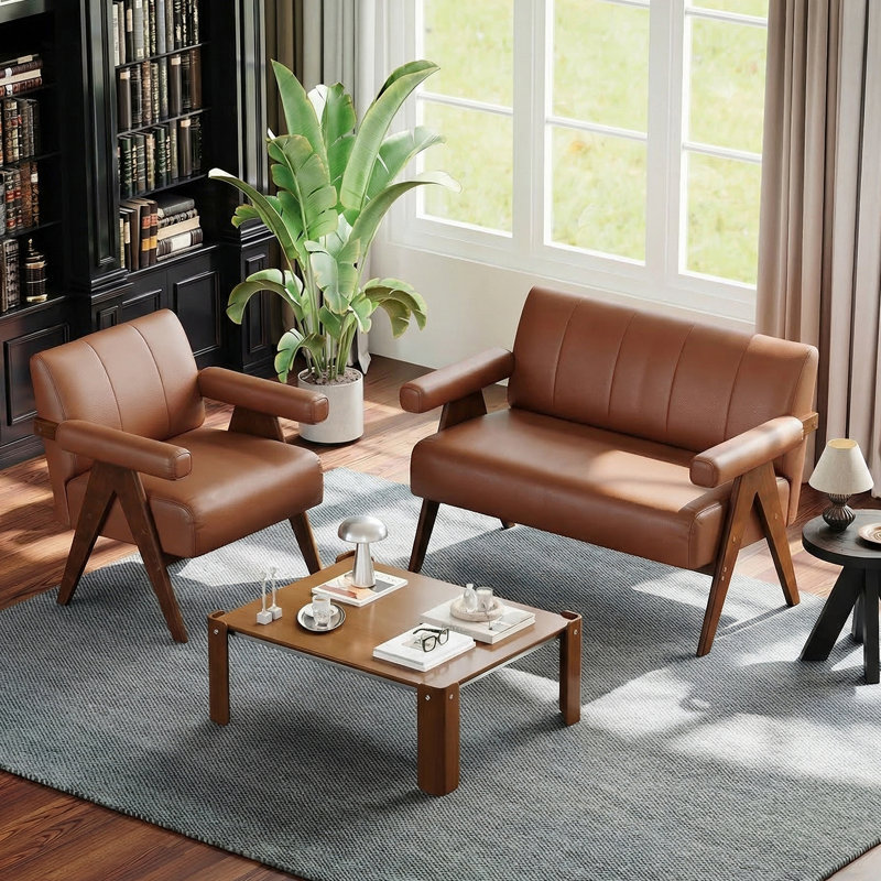 Ensemble de salon en similicuir brun (2 pièces), Brun, 2 Pcs: Chair, Loveseat