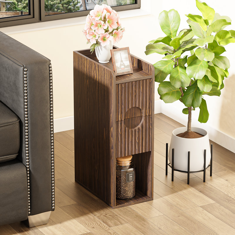 Table de chevet étroite avec 2 tiroirs et rangement ouvert, Noyer