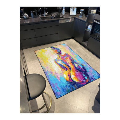 Machine Washable Turned Back Sitting Woman Patterned Woven Base Rug