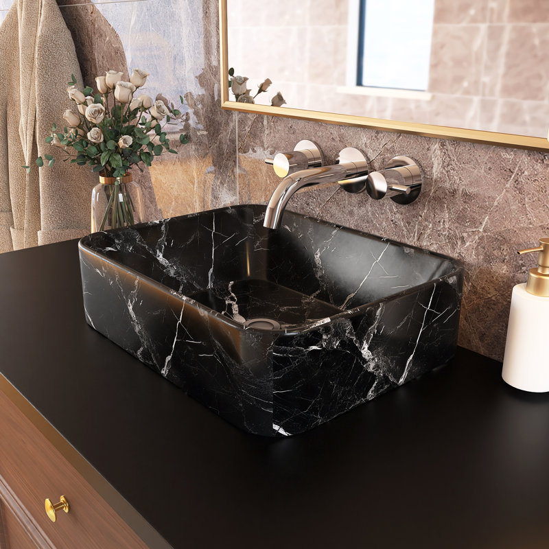 Lavabo de salle de bain rectangulaire en céramique 19 po x 15 po à motif de marbre noir et gris