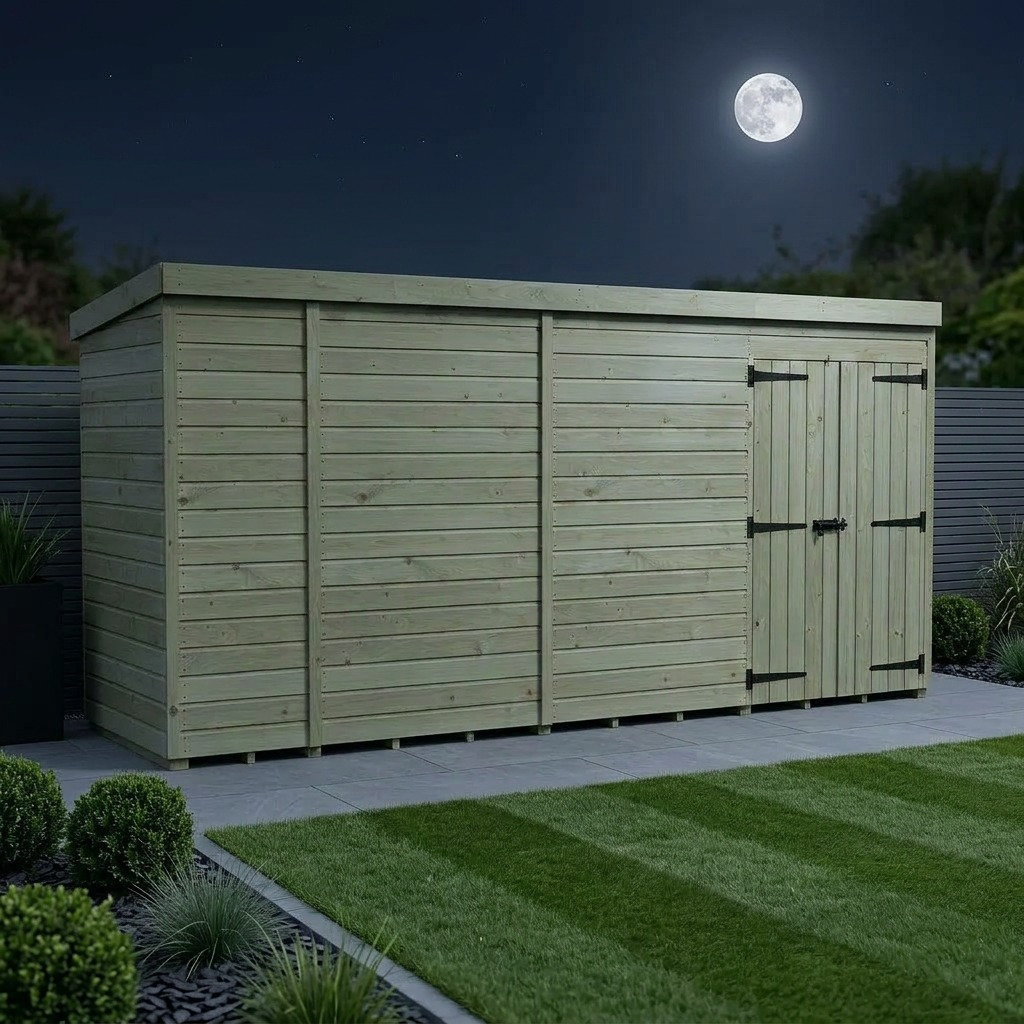 Total Sheds 15ft x 4ft Pent Garden Shed - Double Door - No Windows - Pressure Treated Timber - UK Manufactured