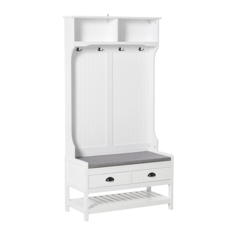 Arbre d'entrée 3 en 1, banc de vestibule avec porte-manteau, banc de vestibule avec porte-chaussures, 2 tiroirs de rangement, 4 crochets et coussins de siège rembourrés pour le couloir, blanc