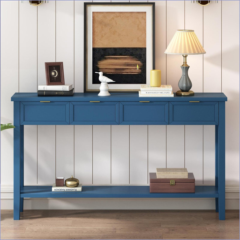 U_STYLE Table basse en MDF avec 4 tiroirs lisses Tablette inférieure, pieds en pin - Rangement peu encombrant pour le salon