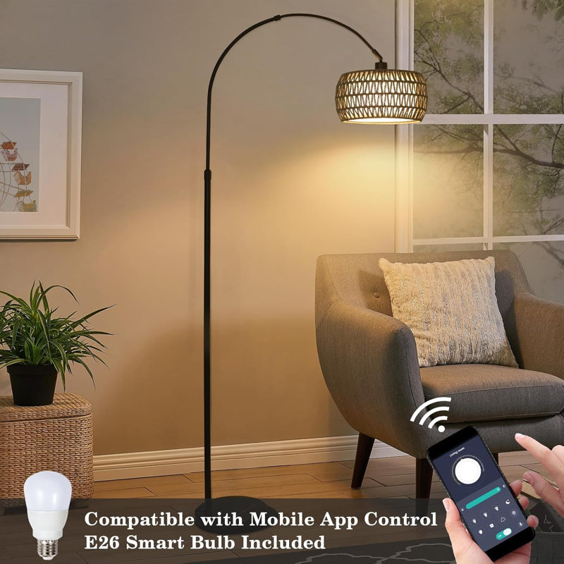 Boho Floor Lamp With Remote & Adjustable Rattan Shades - 3 Color Temperatures, Height Adjustable For Living Room, Bedroom & Office